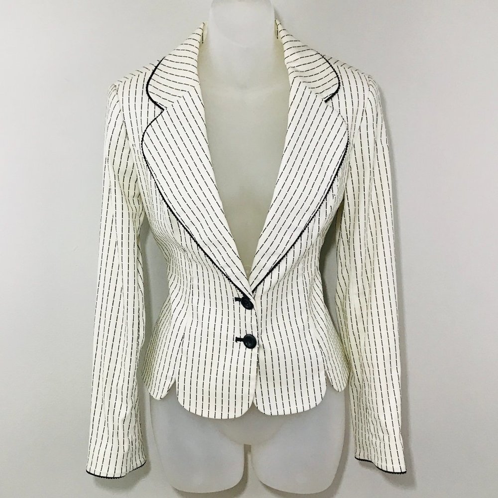 WHBM Ivory/Black Blazer Striped w/ Scalloped Trim